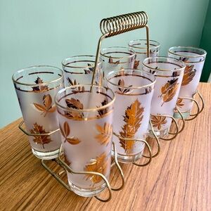 Libbey Golden Foliage Frosted 12oz Tumbler Set of 8 With Caddy Vintage